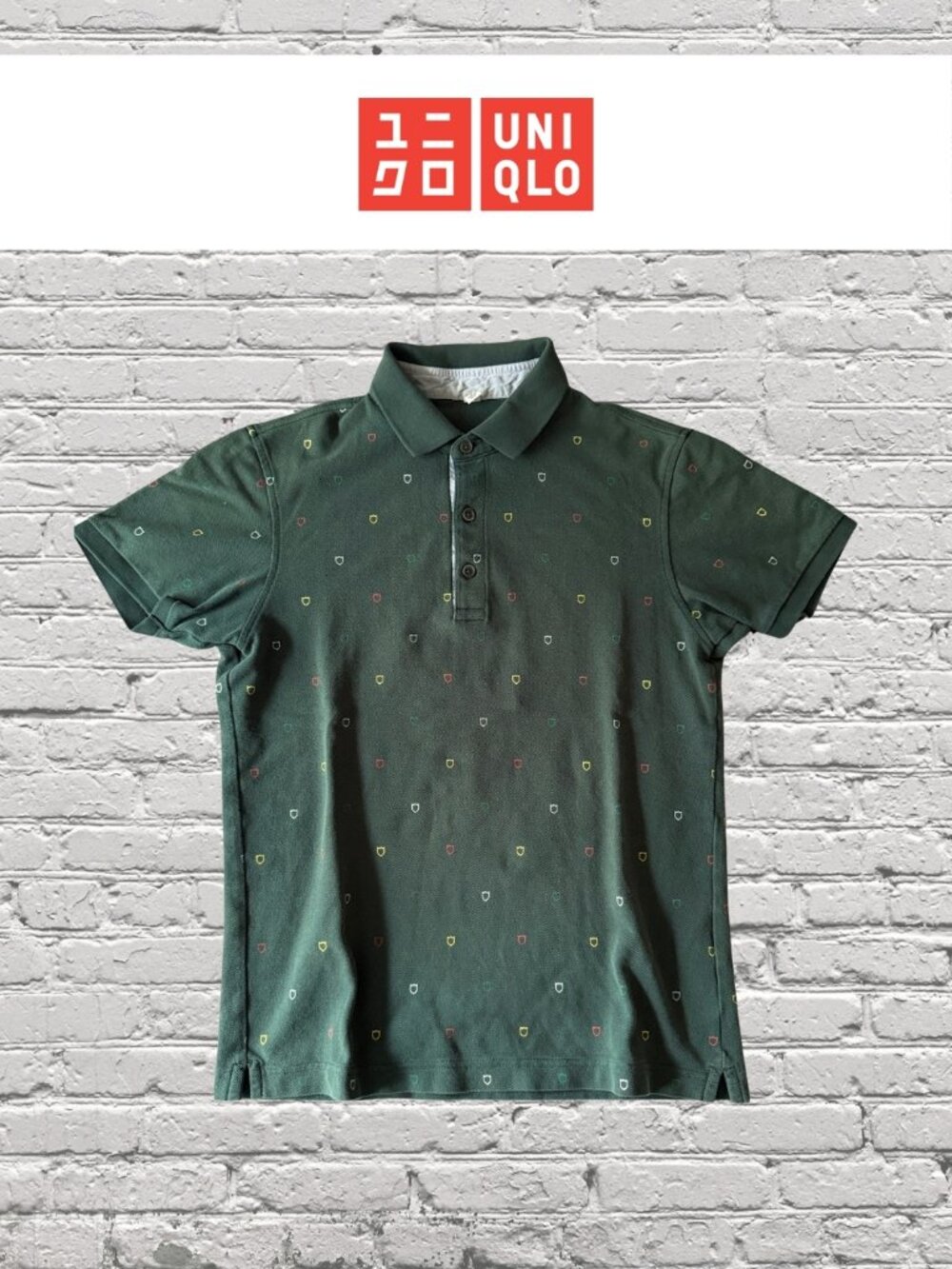 Uniqlo Men's Polo S Forest Green Shield Print Chambray Trim Cotton Blend